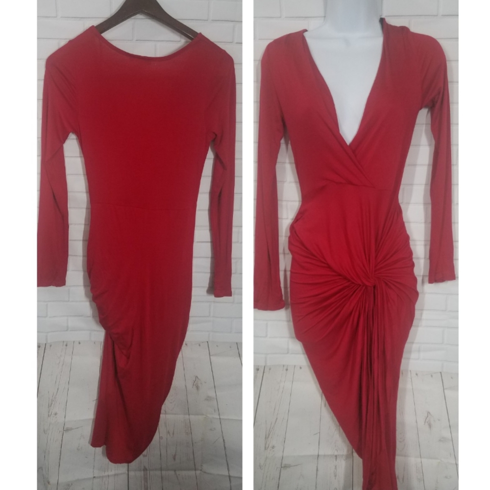 Sexy Red Deep V-Plunge Dress w/ Gathered Bottom